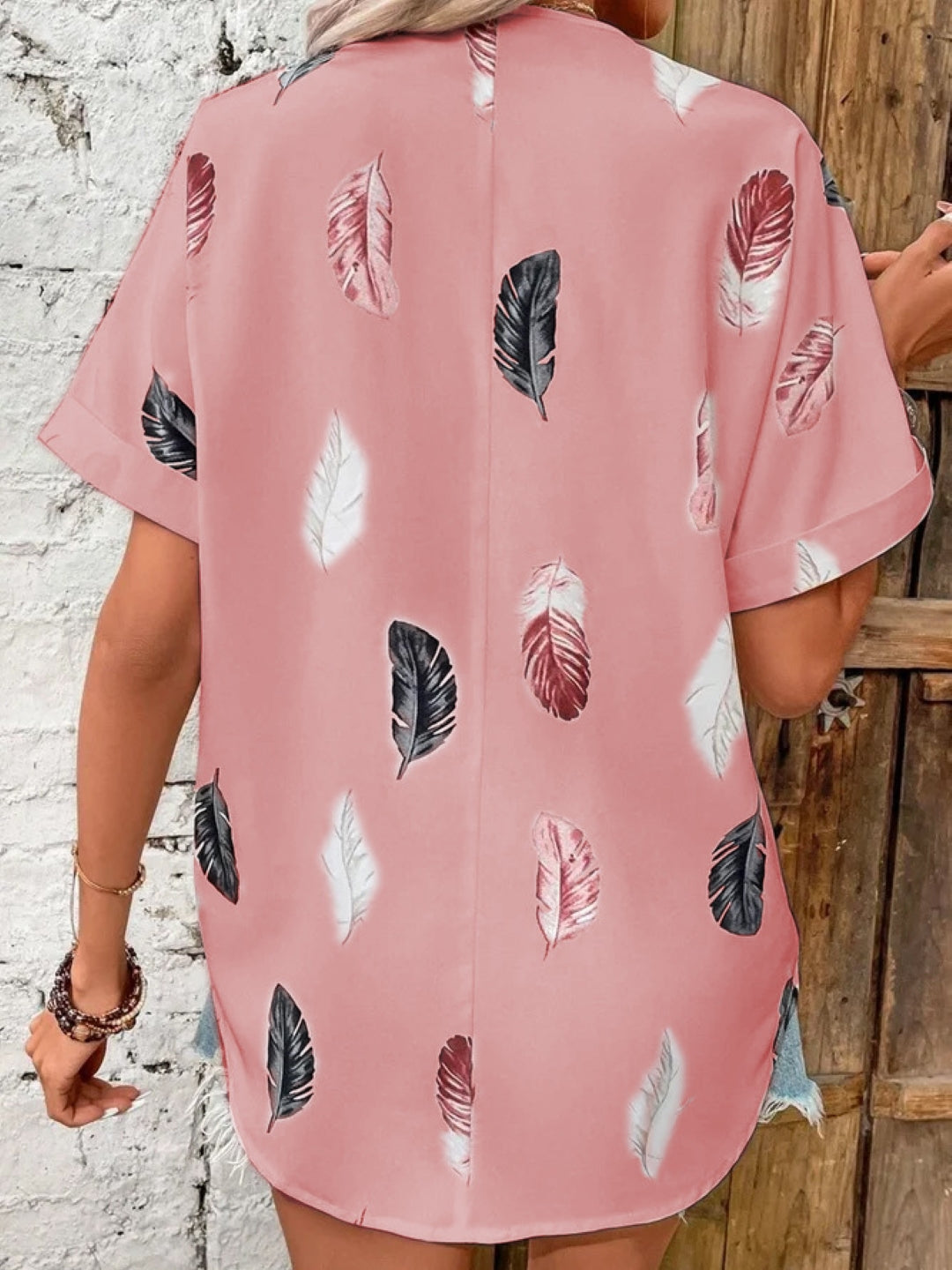 Pink V-Neck Short Sleeves Printed Polyester Top