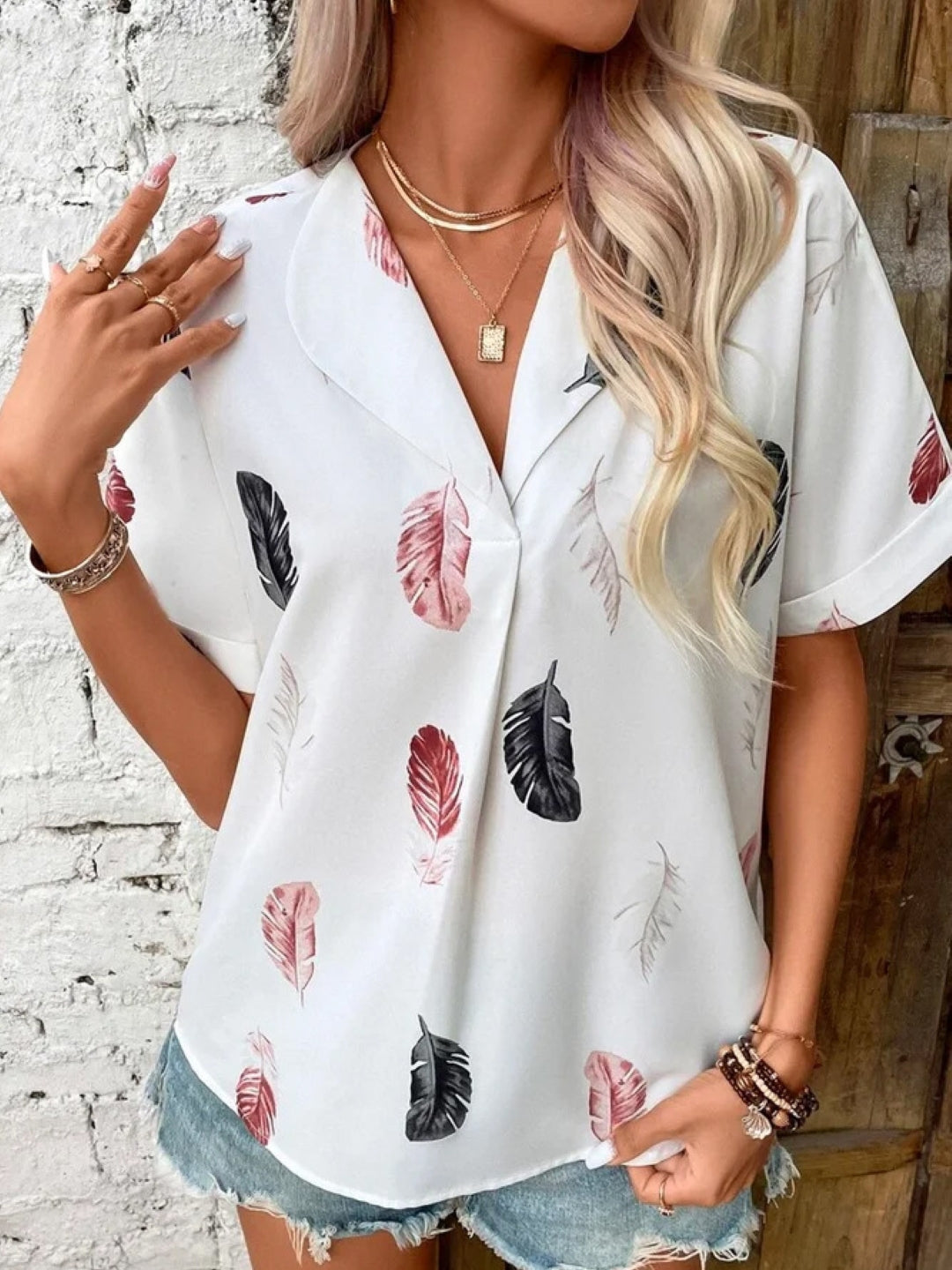 White V-Neck Short Sleeves Printed Polyester Top