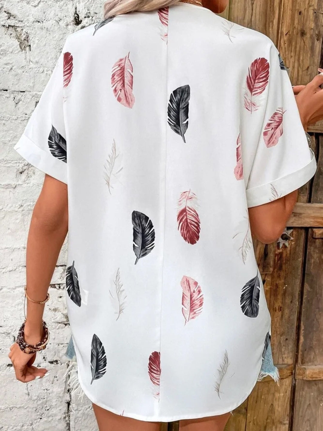 White V-Neck Short Sleeves Printed Polyester Top