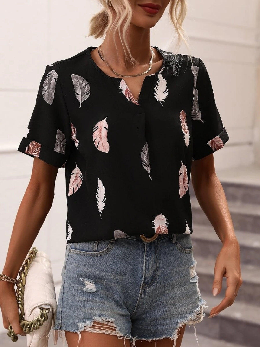 Black V-Neck Short Sleeves Printed Polyester Top