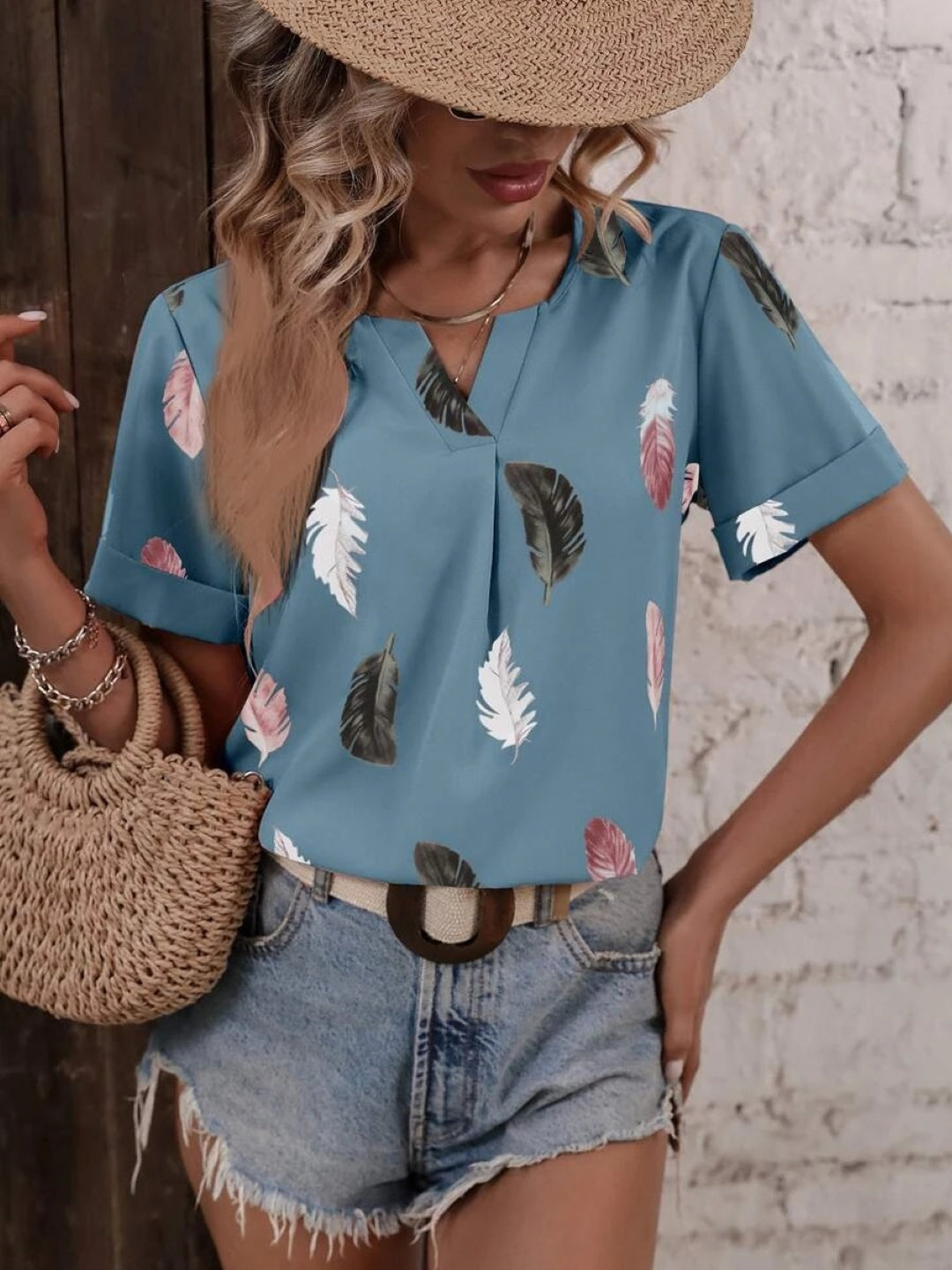 Blue V-Neck Short Sleeves Printed Polyester Top