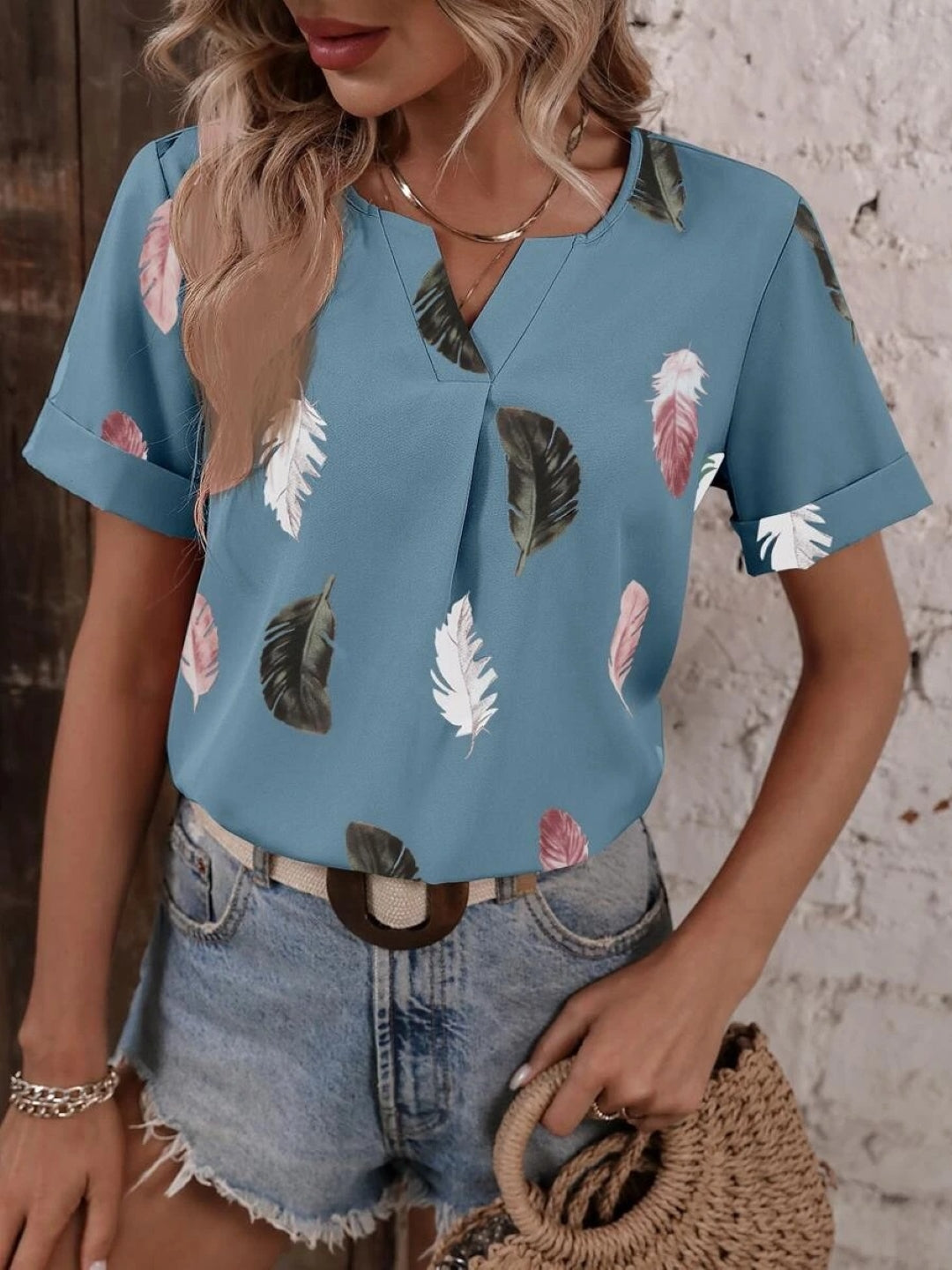 Blue V-Neck Short Sleeves Printed Polyester Top