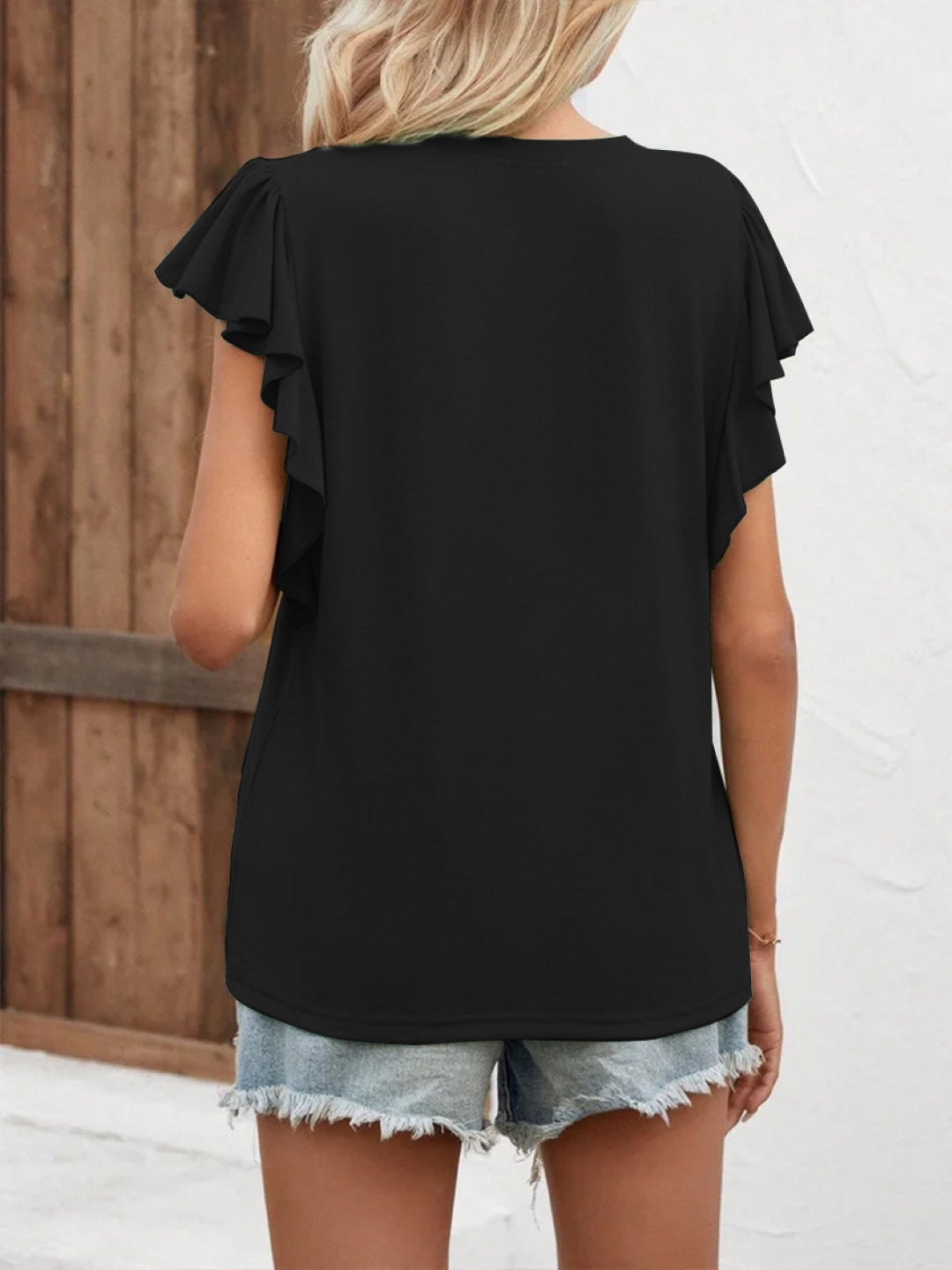 Black V-Neck Short Sleeves Solid Polyester Top