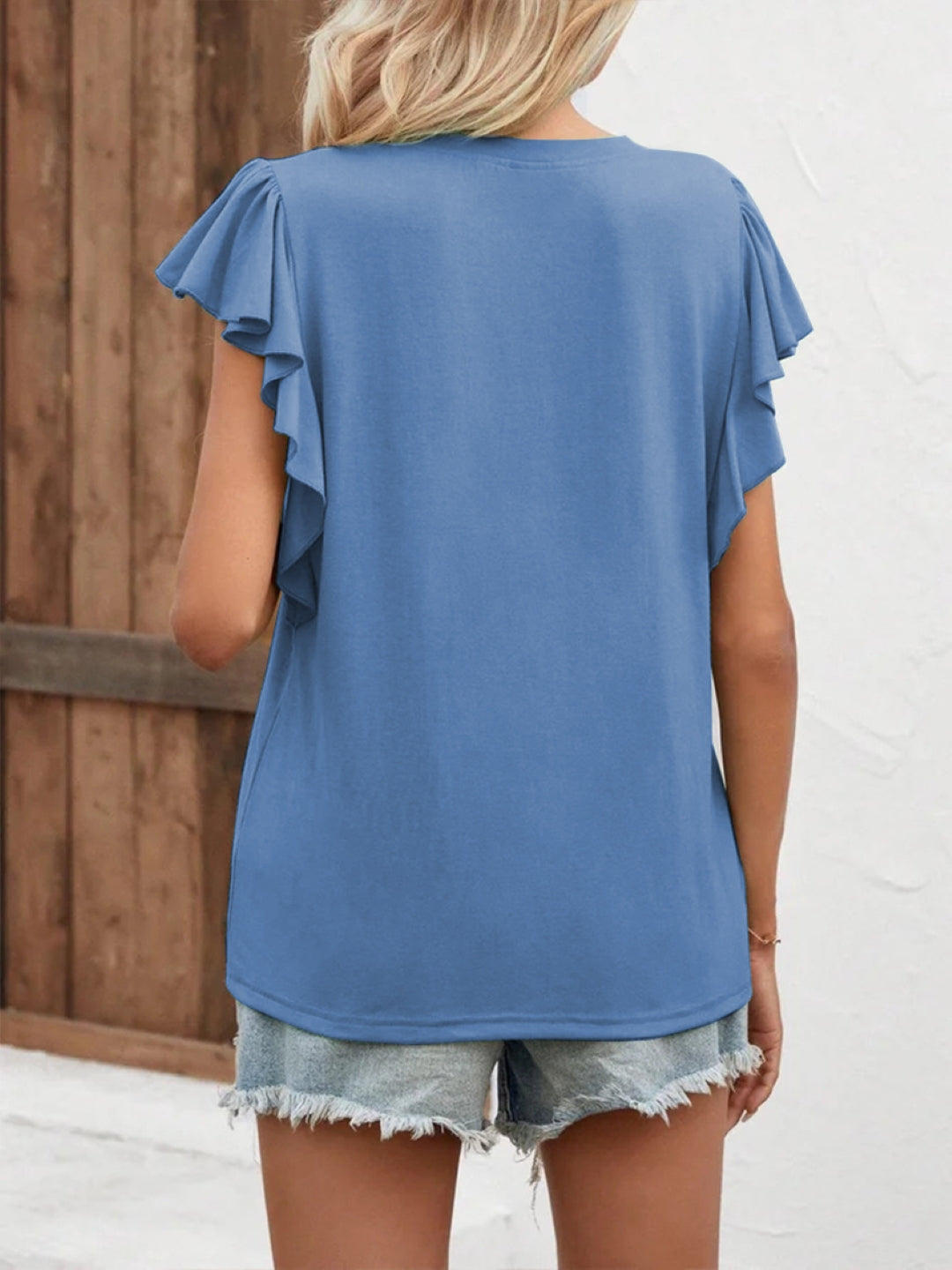 Blue V-Neck Short Sleeves Solid Polyester Top