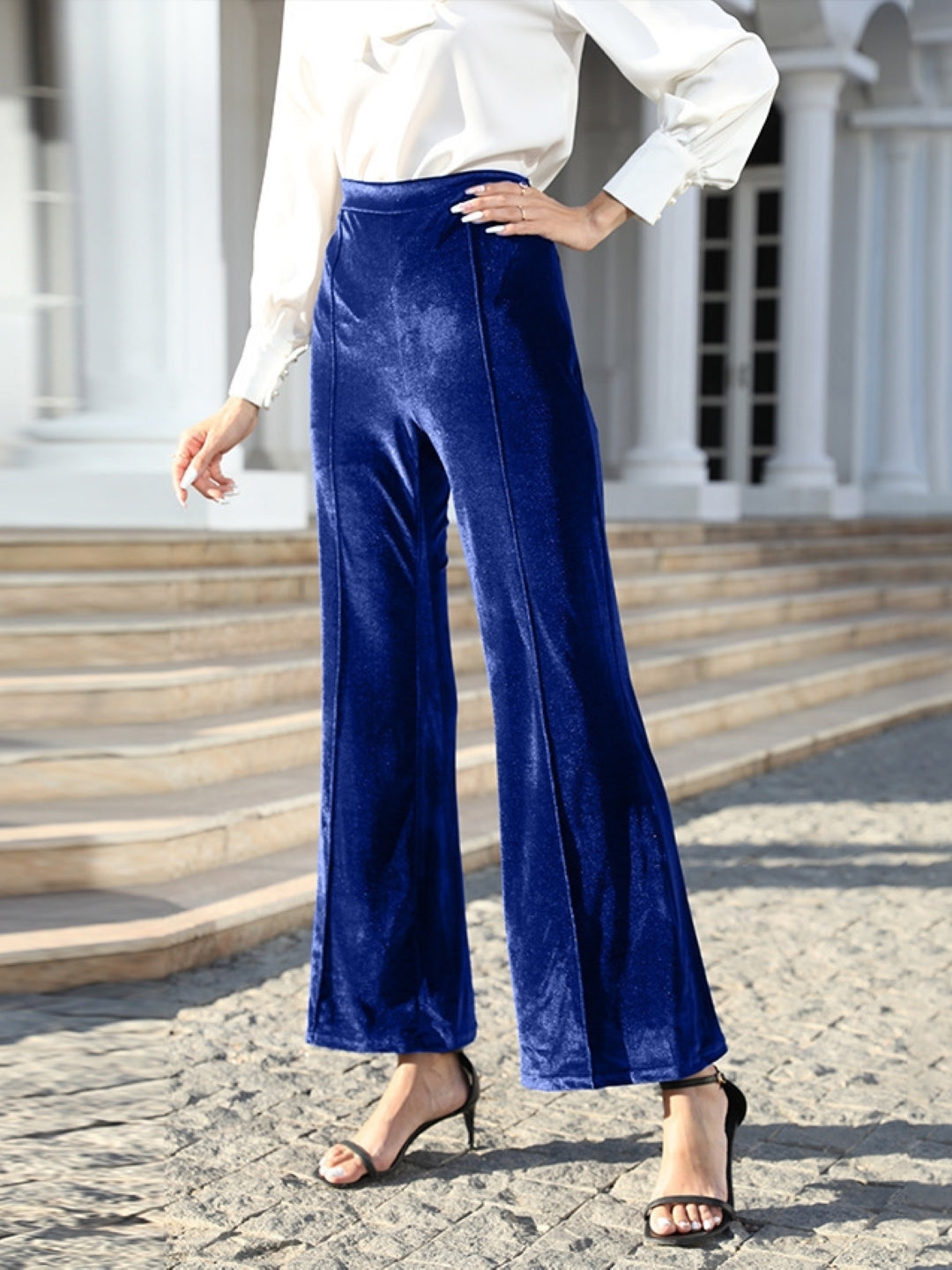 Blue Solid Wide Leg Elasticated Slip-On Palazzo