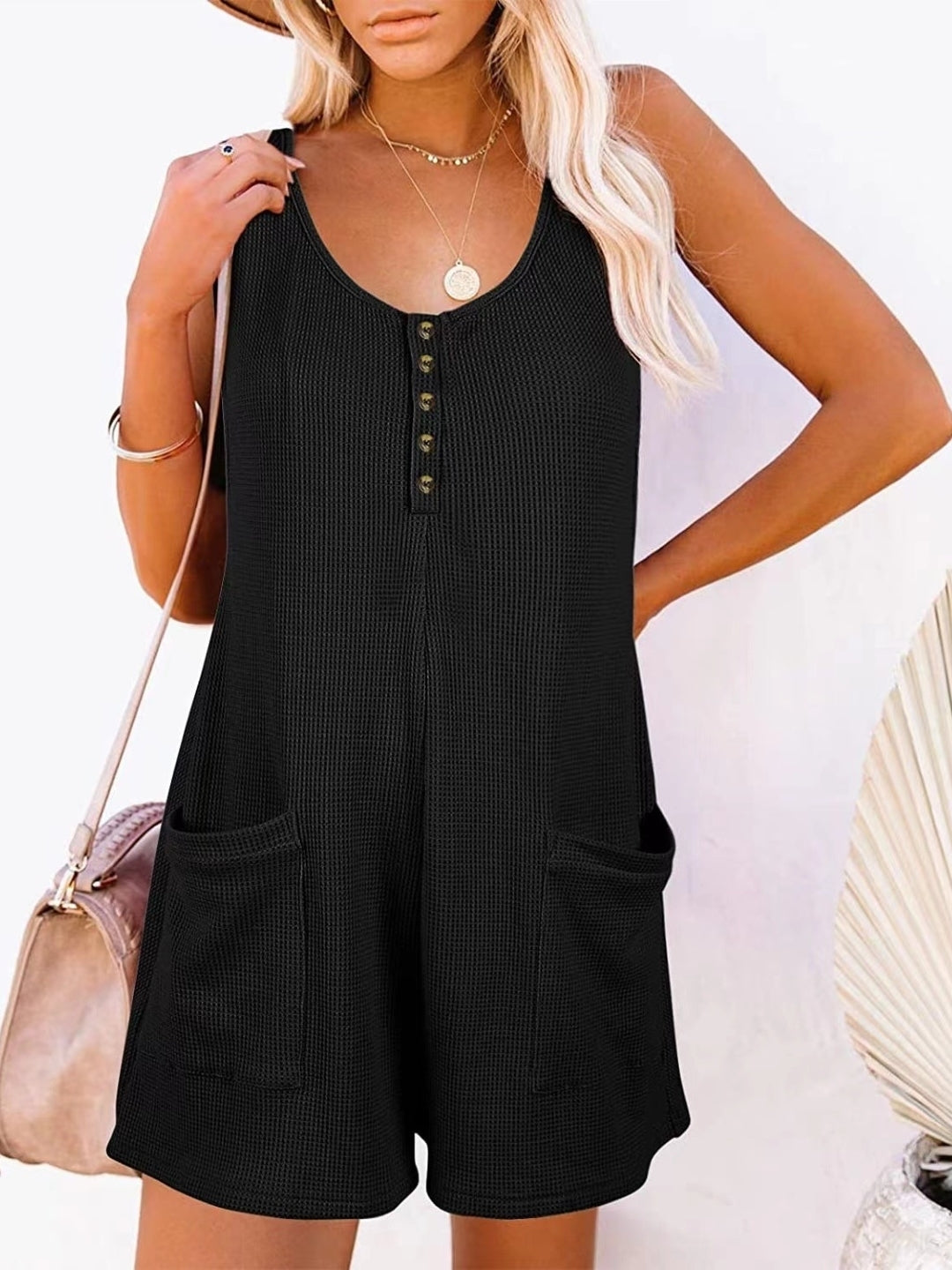 Black V-Neck Sleeveless Solid Polyester Jumpsuit