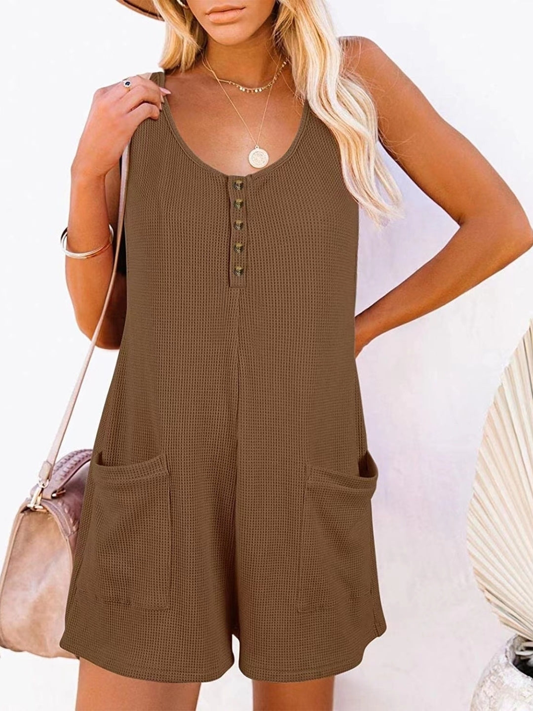 Brown V-Neck Sleeveless Solid Polyester Jumpsuit