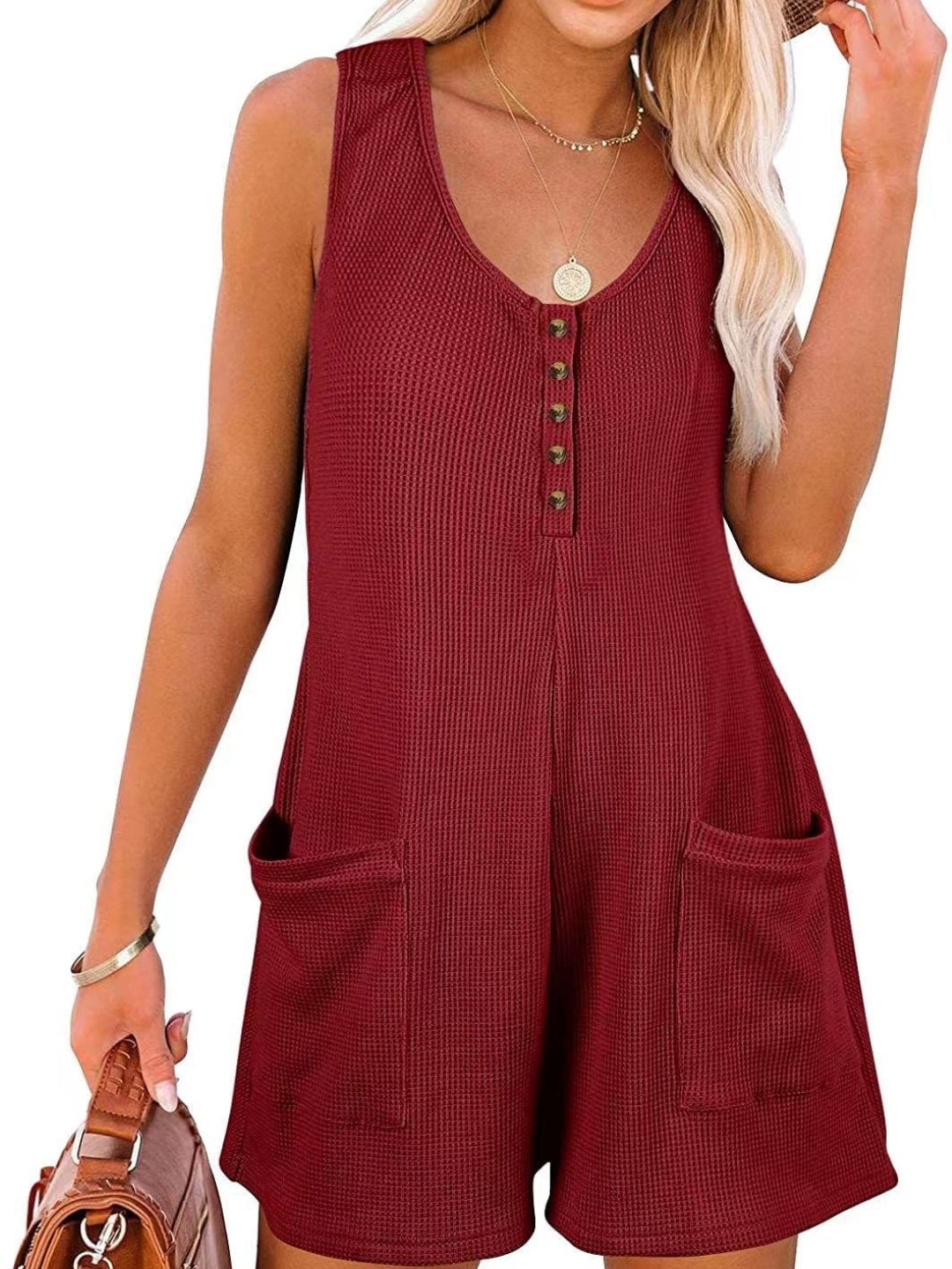 Burgundy V-Neck Sleeveless Solid Polyester Jumpsuit