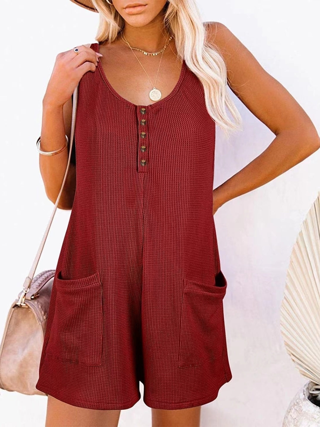 Burgundy V-Neck Sleeveless Solid Polyester Jumpsuit