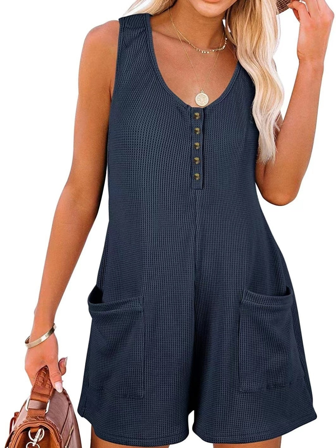 Navy Blue V-Neck Sleeveless Solid Polyester Jumpsuit