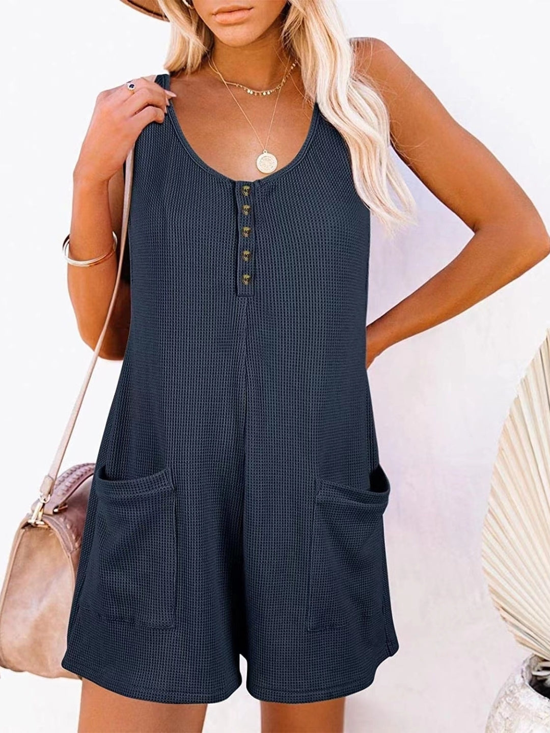 Navy Blue V-Neck Sleeveless Solid Polyester Jumpsuit