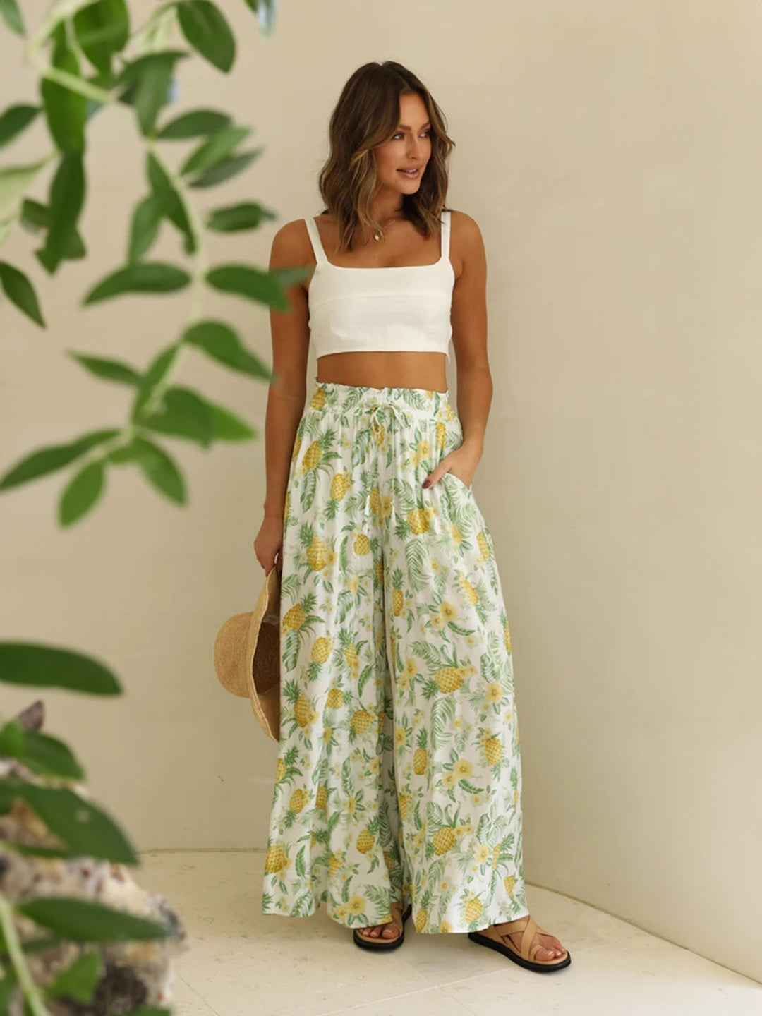 Green Printed Wide Leg Elasticated Slip-On Palazzo