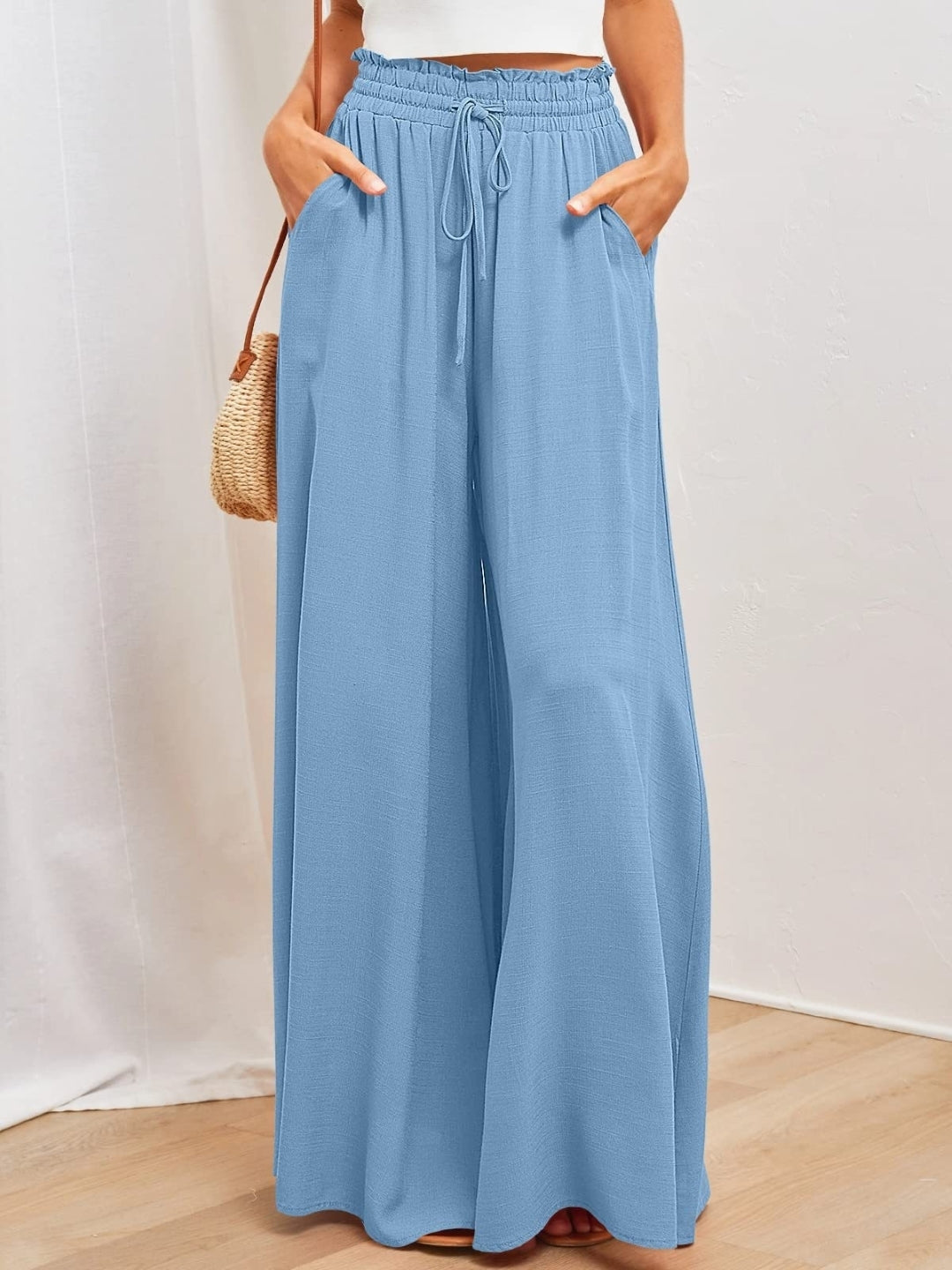 Blue Solid Wide Leg Elasticated Slip-On Palazzo