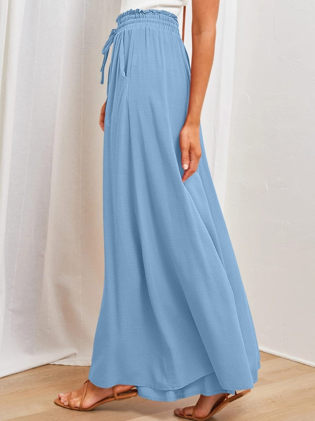 Blue Solid Wide Leg Elasticated Slip-On Palazzo