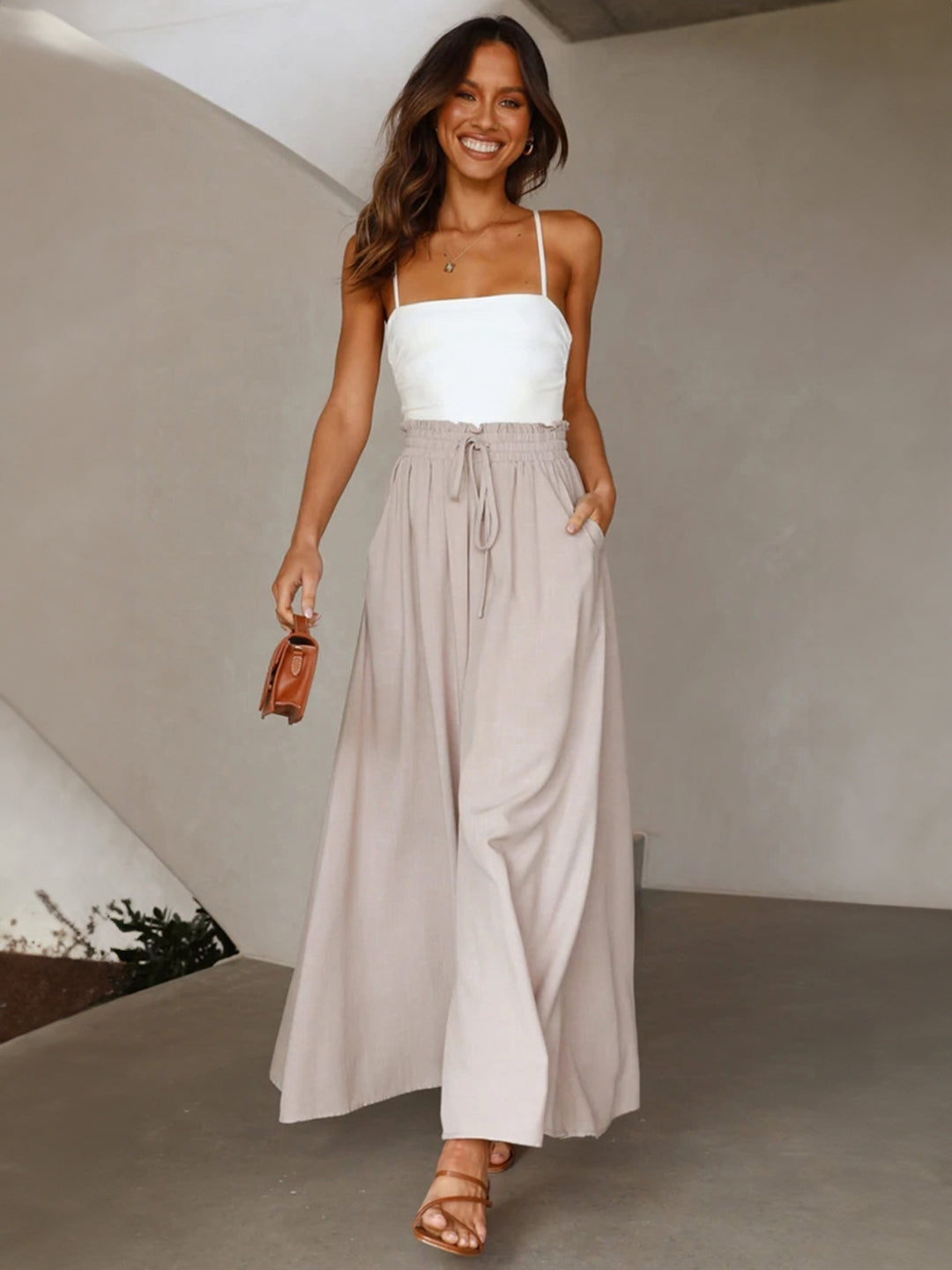 Cream Solid Wide Leg Elasticated Slip-On Palazzo