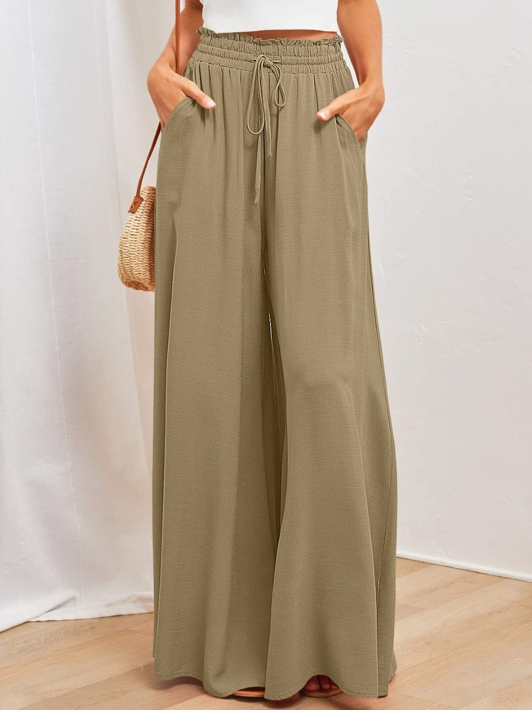 Green Solid Wide Leg Elasticated Slip-On Palazzo