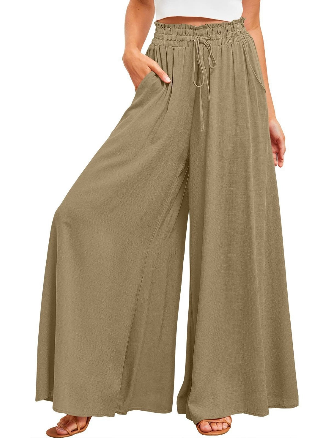 Green Solid Wide Leg Elasticated Slip-On Palazzo