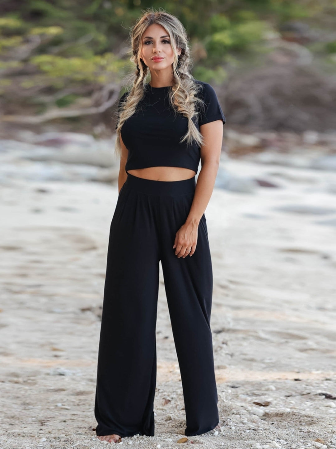 Black Round Neck Short Sleeves Top & Palazzos Set