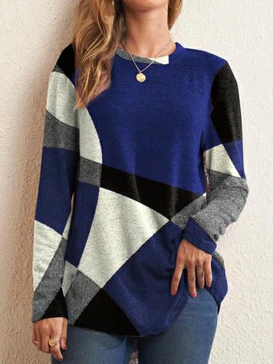 Blue Round Neck Long Sleeves Colourblocked Polyester Top