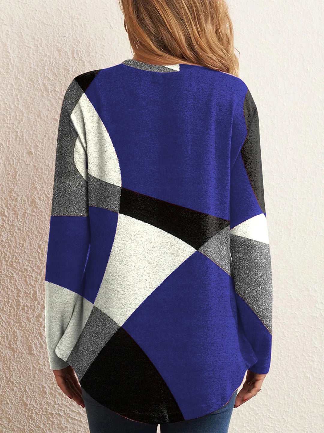 Blue Round Neck Long Sleeves Colourblocked Polyester Top