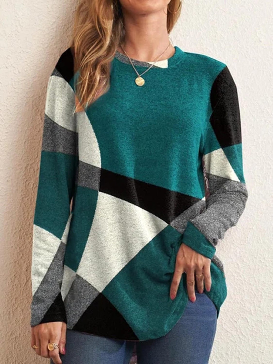 Green Round Neck Long Sleeves Colourblocked Polyester Top