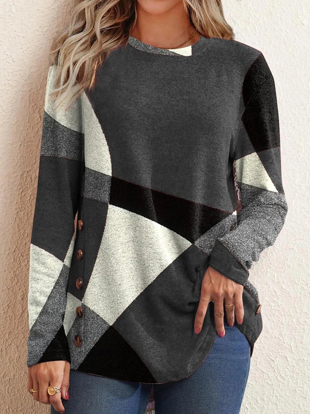Grey Round Neck Long Sleeves Colourblocked Polyester Top