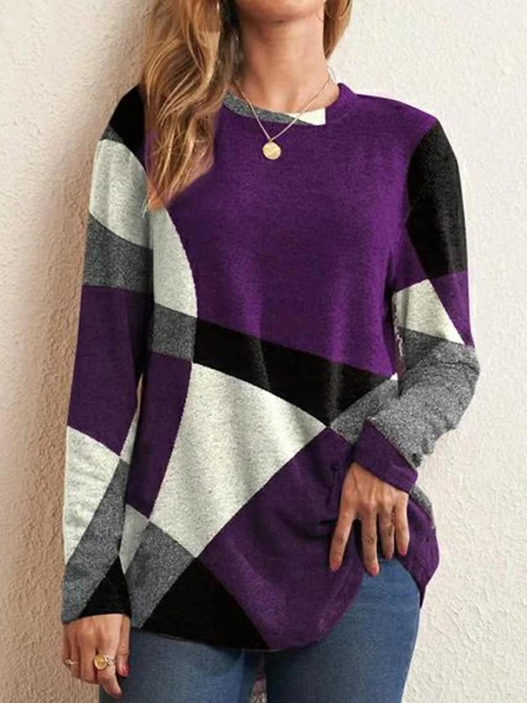 Purple Round Neck Long Sleeves Colourblocked Polyester Top