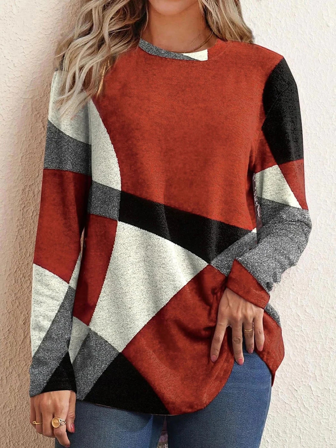 Red Round Neck Long Sleeves Colourblocked Polyester Top
