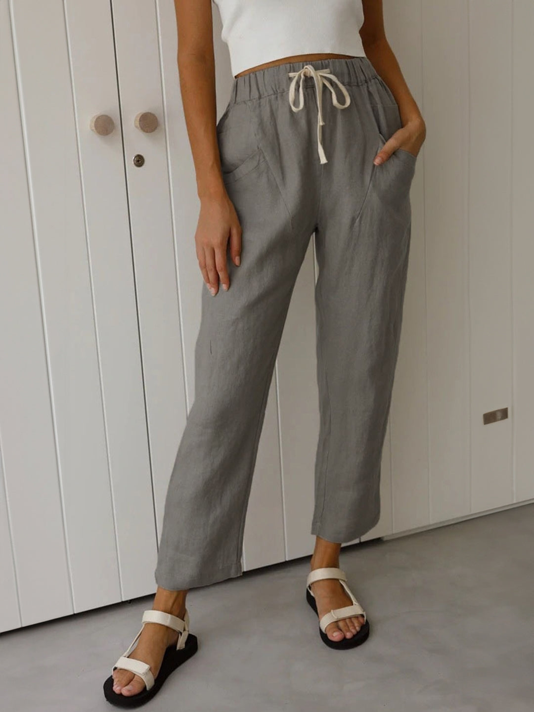 Grey Solid Polyester Trouser