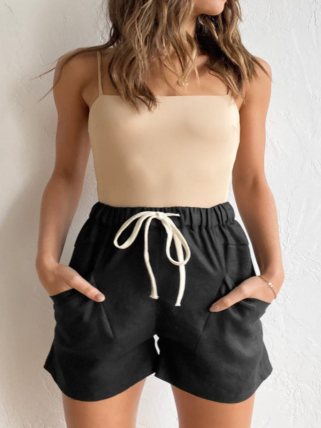 Black Solid Regular Fit Above Knee Polyester Shorts