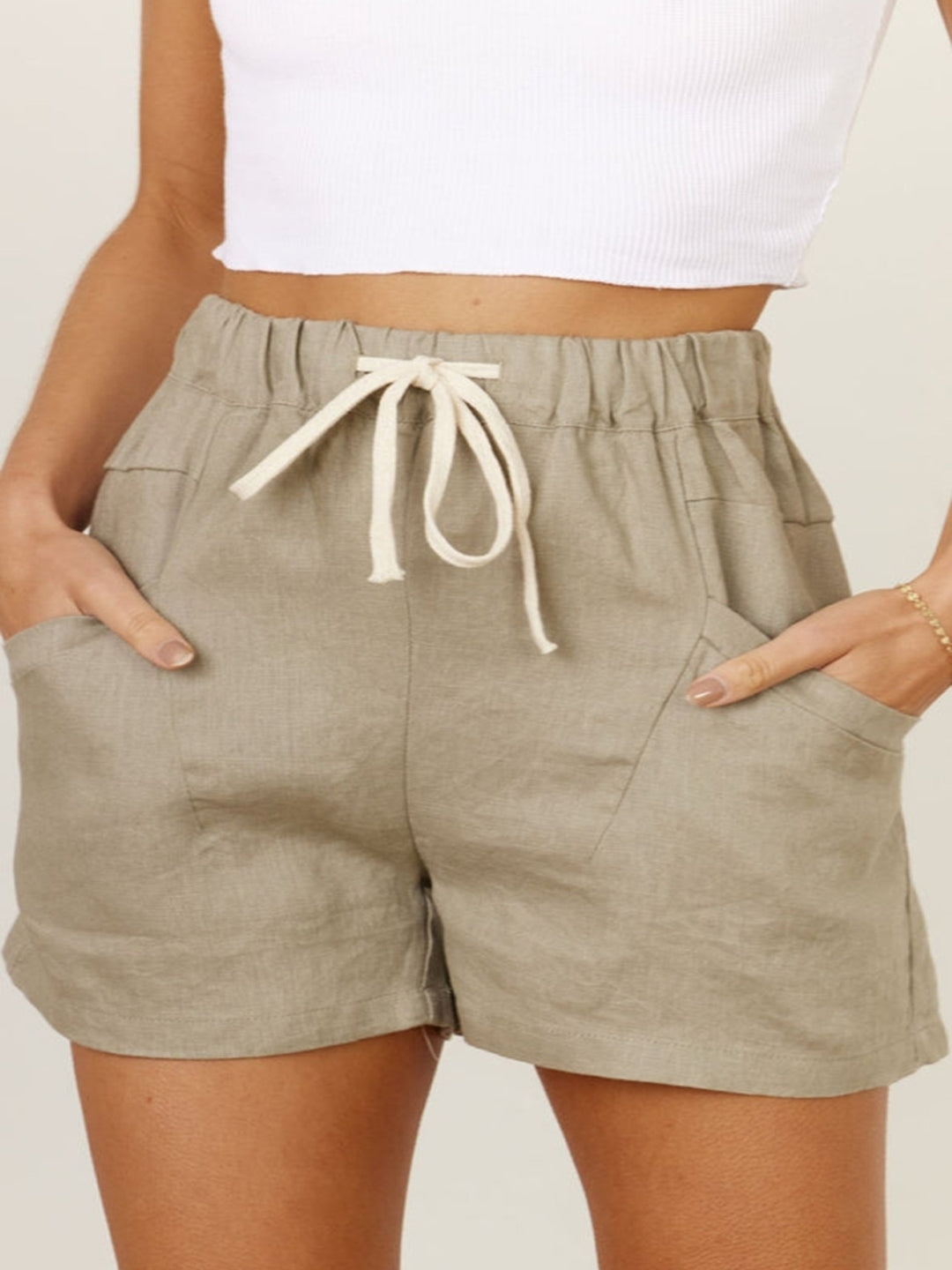 Khaki Solid Regular Fit Above Knee Polyester Shorts