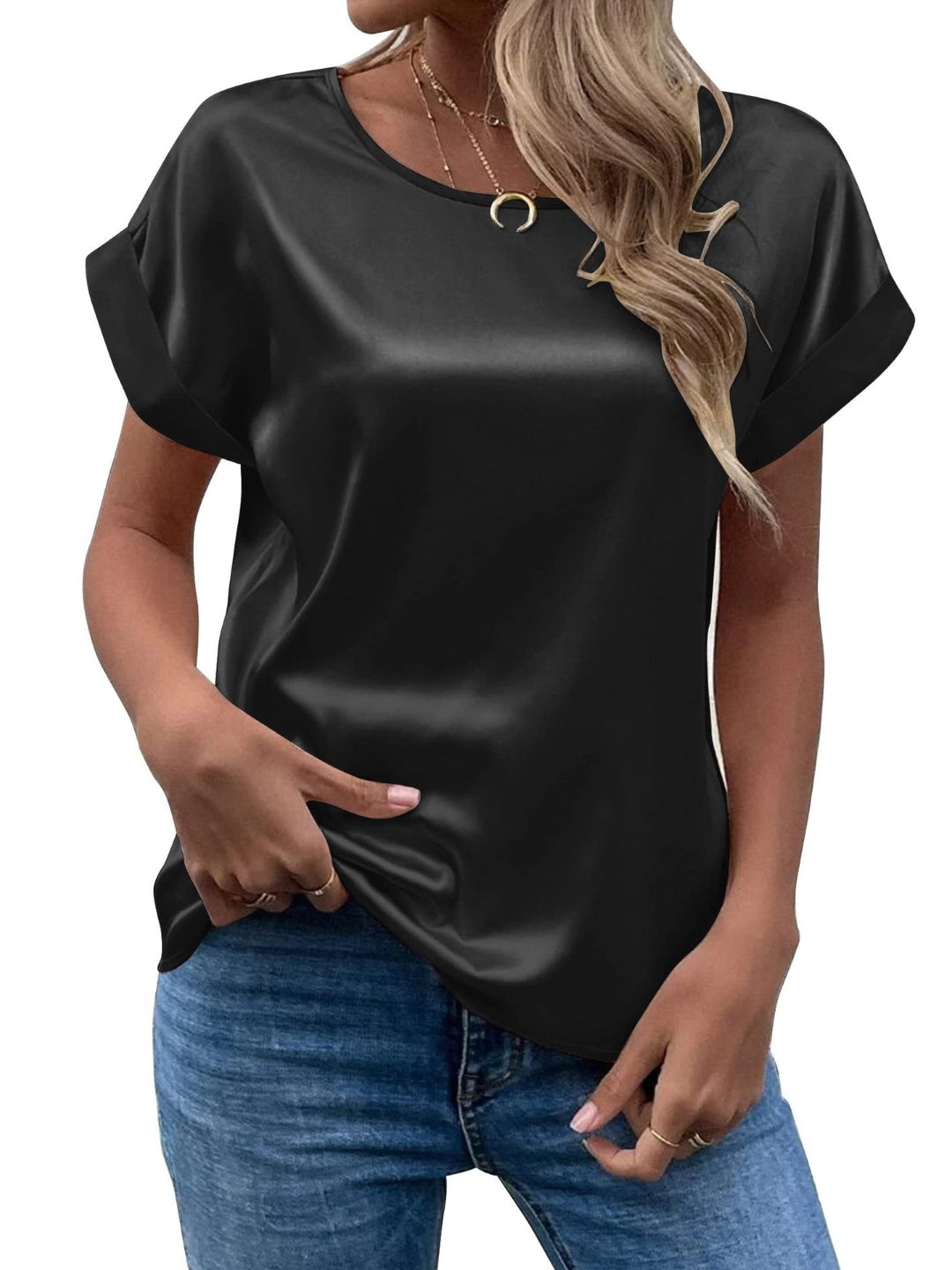 Black Round Neck Short Sleeves Solid Polyester Top