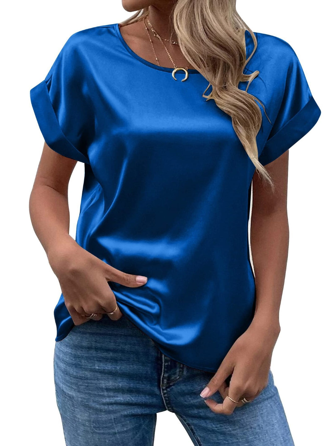 Blue Round Neck Short Sleeves Solid Polyester Top