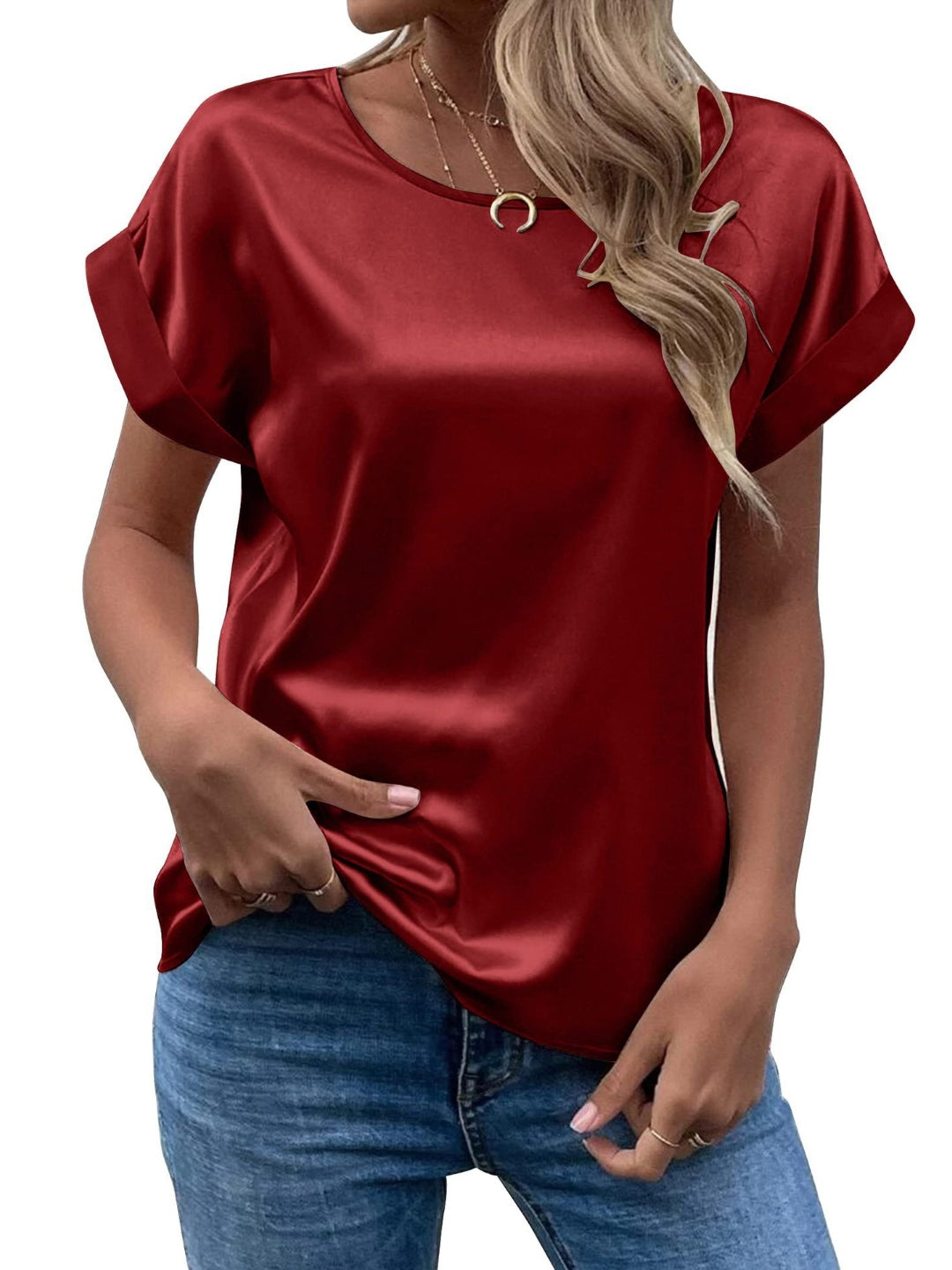 Burgundy Round Neck Short Sleeves Solid Polyester Top