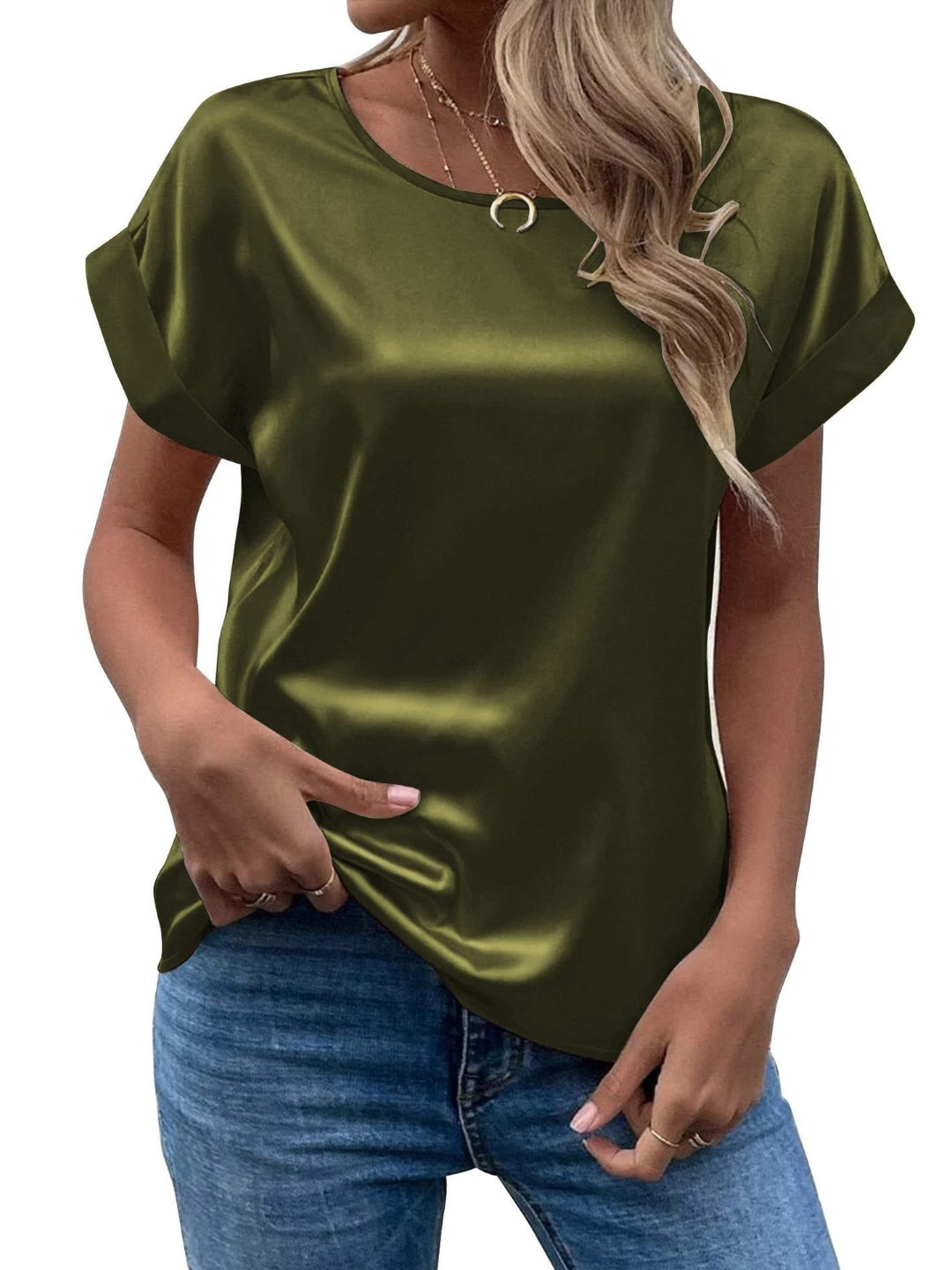 Green Round Neck Short Sleeves Solid Polyester Top