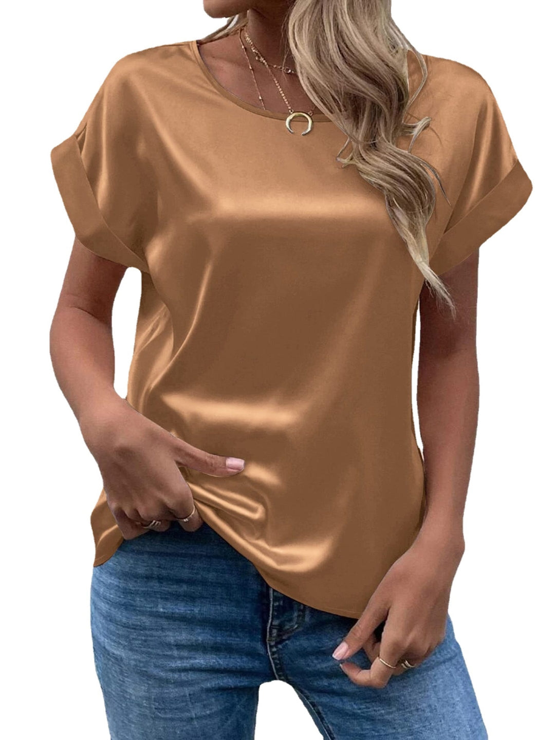 Khaki Round Neck Short Sleeves Solid Polyester Top