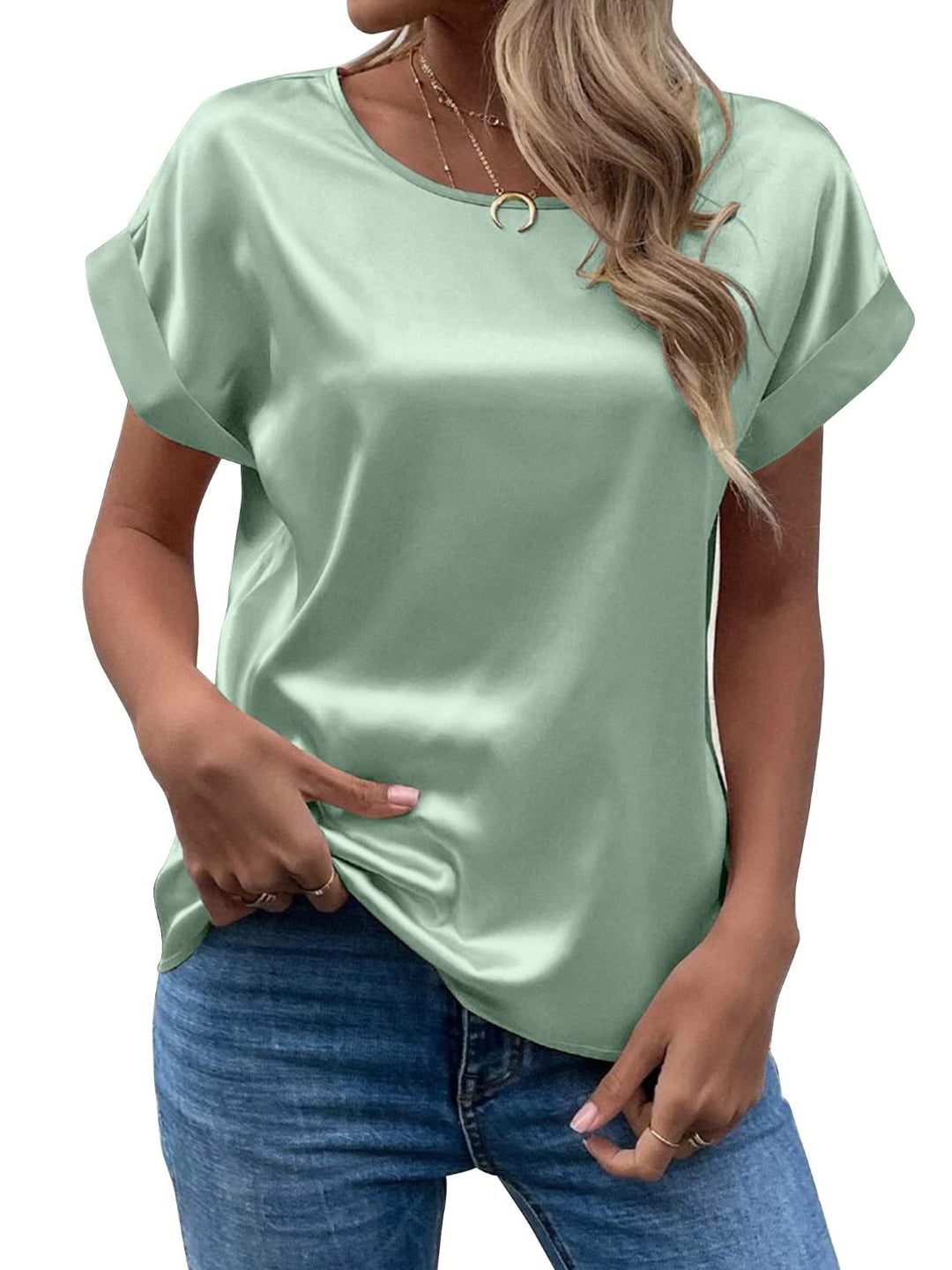 Light Green Round Neck Short Sleeves Solid Polyester Top