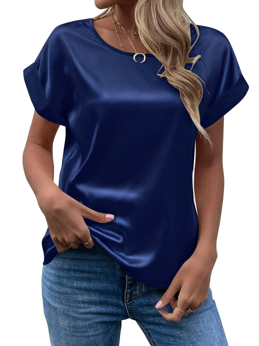 Navy Blue Round Neck Short Sleeves Solid Polyester Top