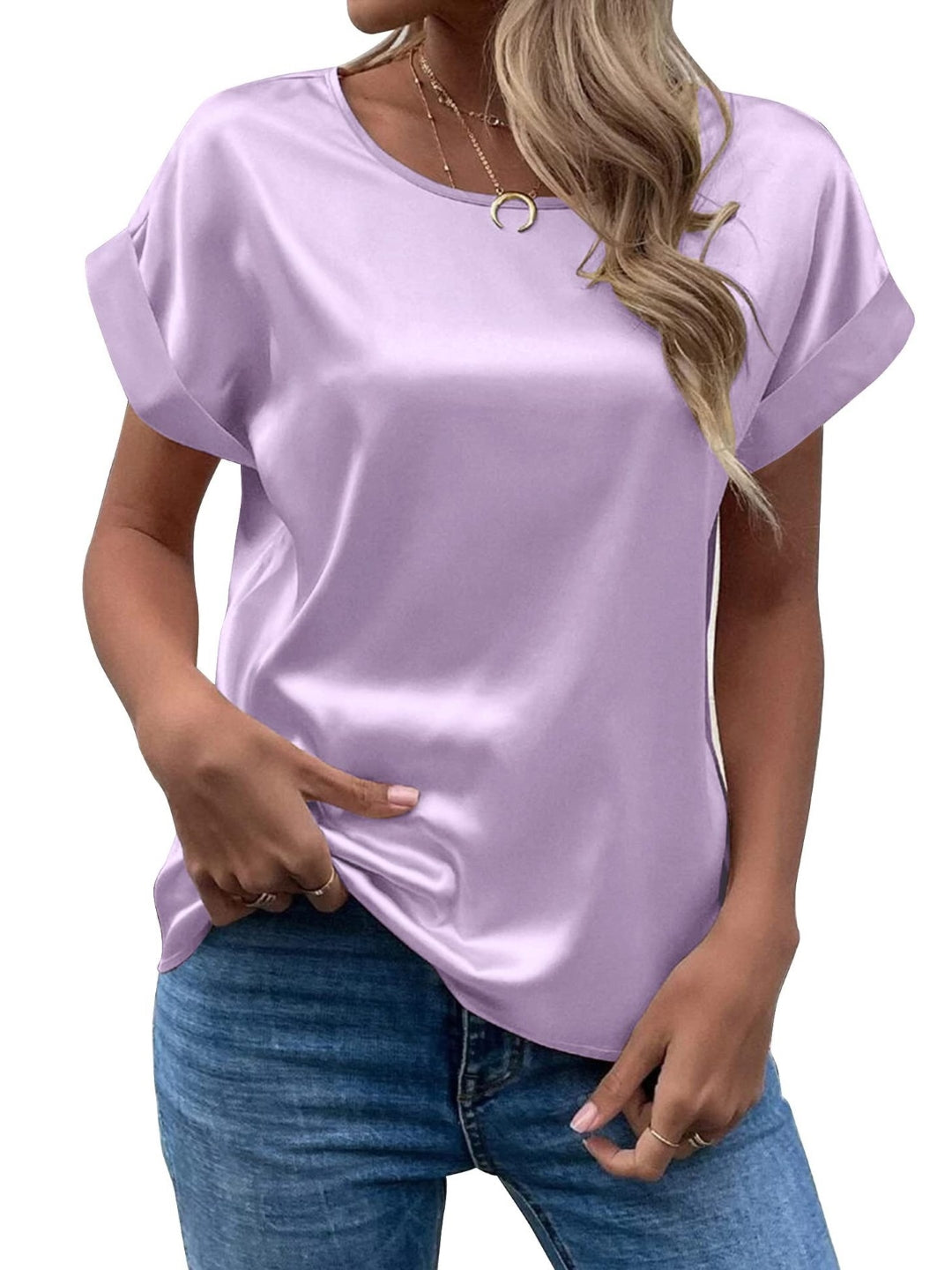 Purple Round Neck Short Sleeves Solid Polyester Top