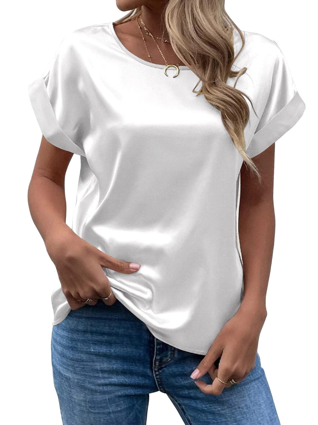 White Round Neck Short Sleeves Solid Polyester Top