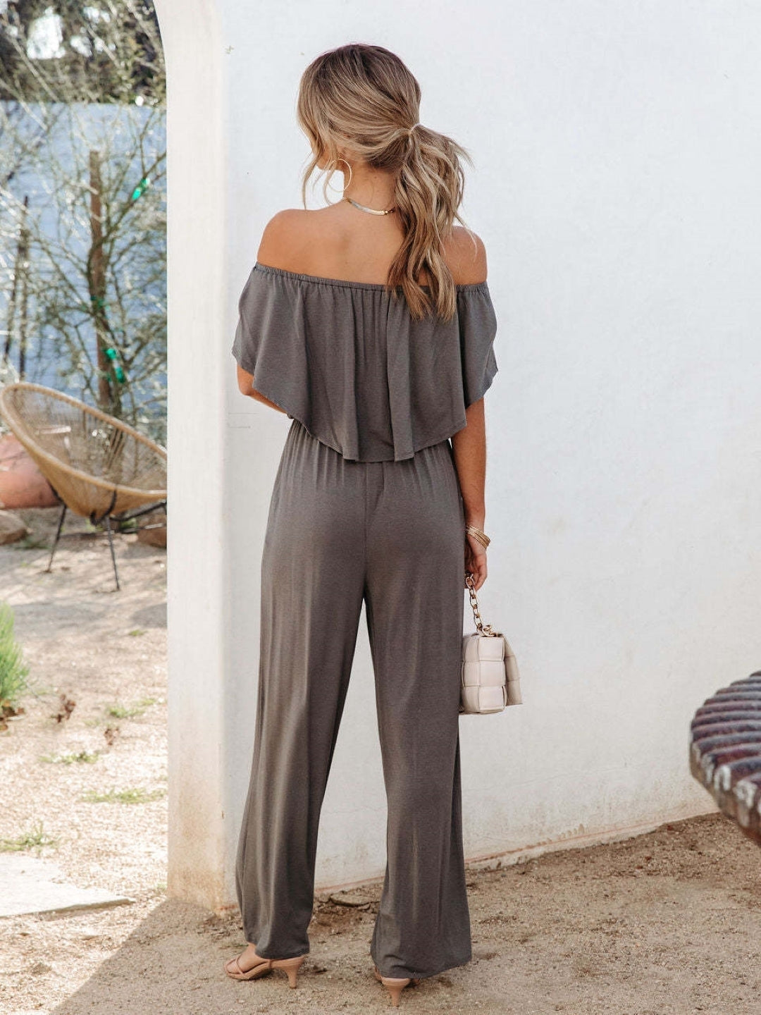 Grey Off-Shoulder Short Sleeves Solid Polyester Jumpsuit