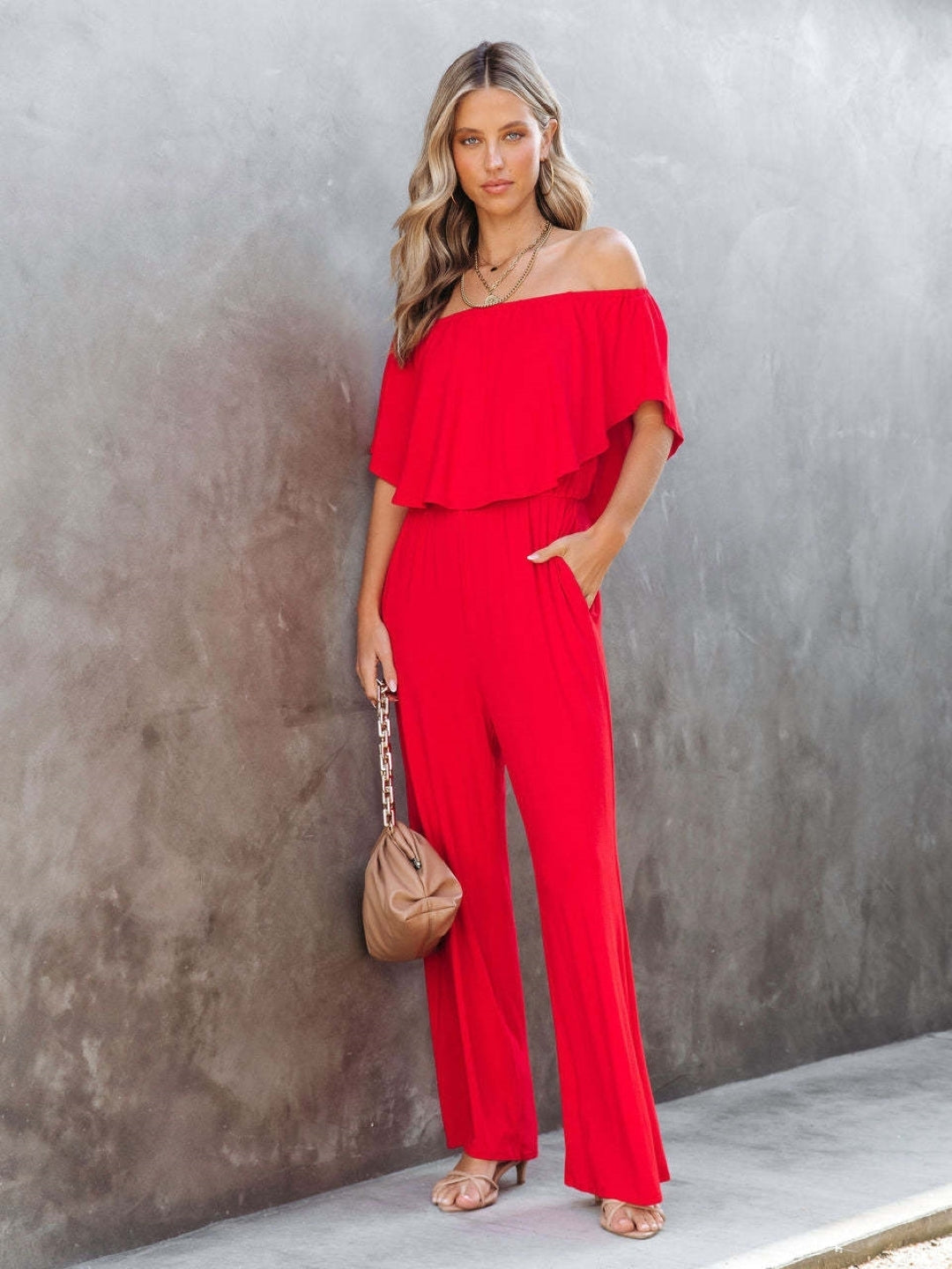 Red Off-Shoulder Short Sleeves Solid Polyester Jumpsuit