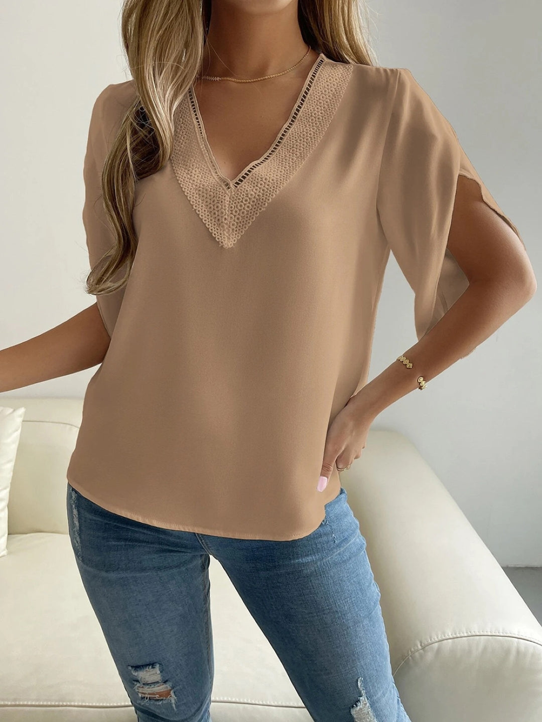 Brown V-Neck Short Sleeves Solid Polyester Top