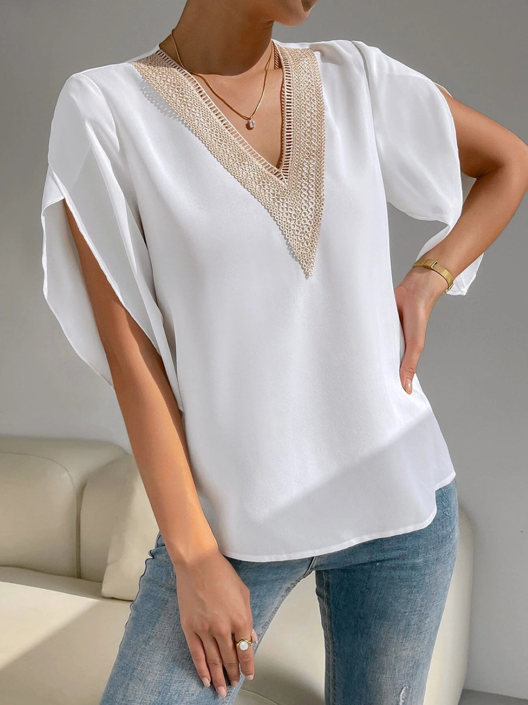 White V-Neck Short Sleeves Solid Polyester Top