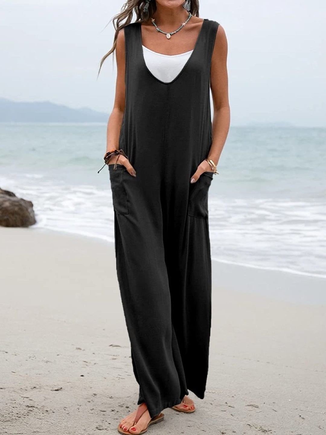 Black V-Neck Sleeveless Solid Polyester Jumpsuit