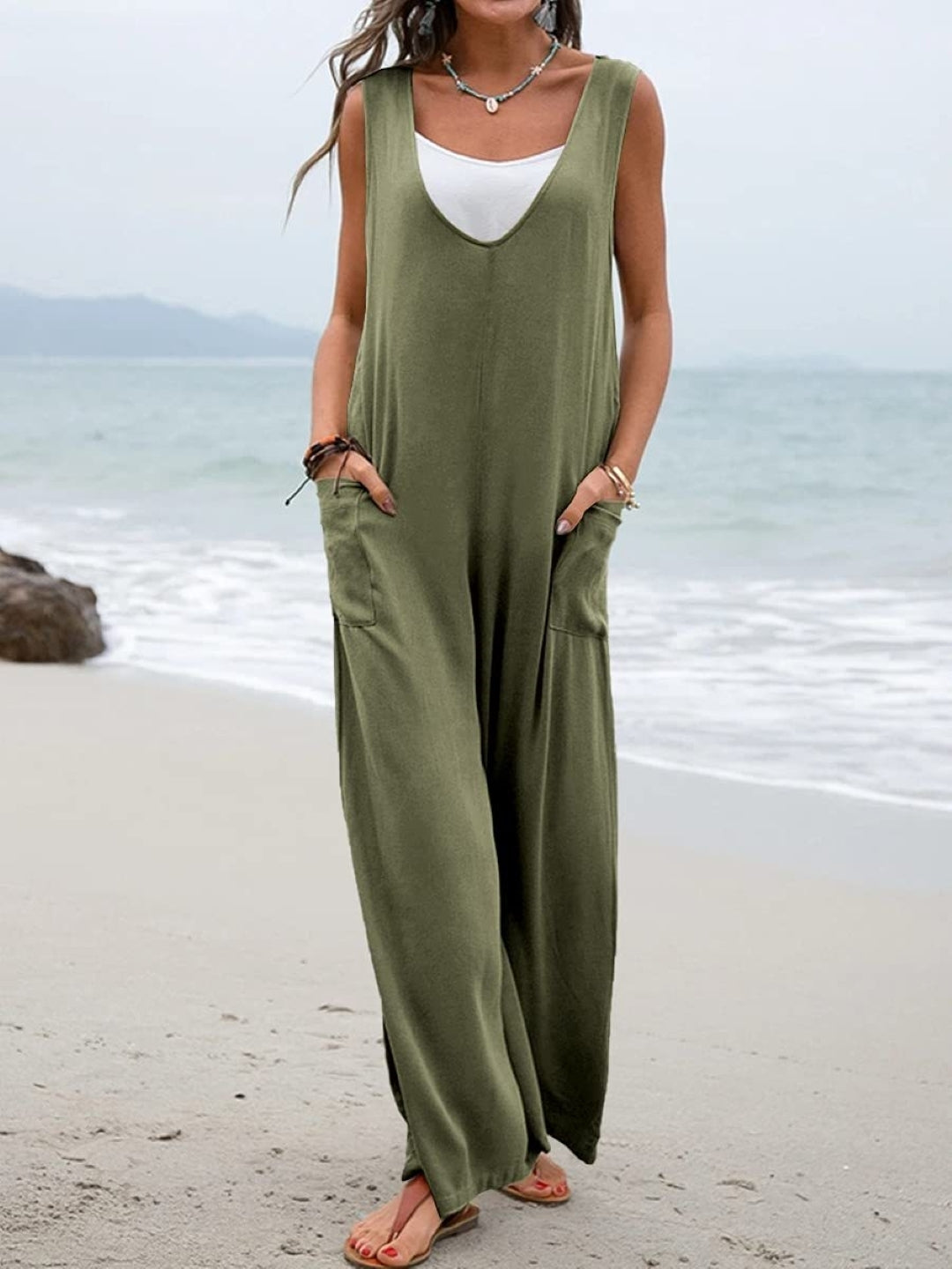 Green V-Neck Sleeveless Solid Polyester Jumpsuit