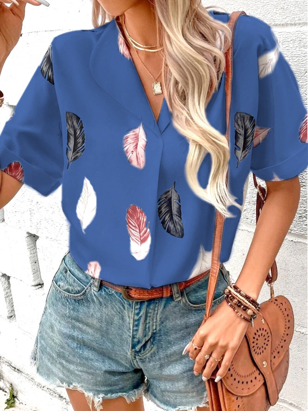 Blue V-Neck Short Sleeves Floral Polyester Top