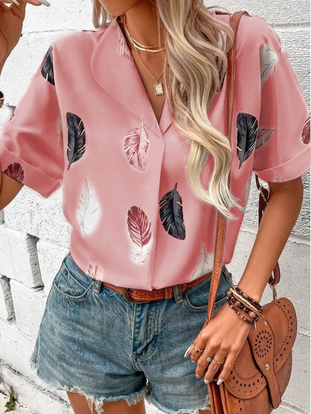 Pink V-Neck Short Sleeves Floral Polyester Top