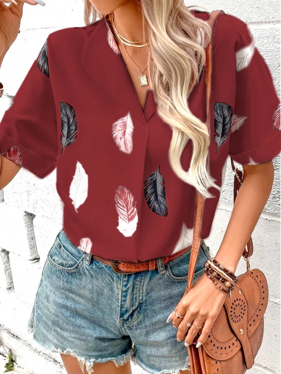 Red V-Neck Short Sleeves Floral Polyester Top