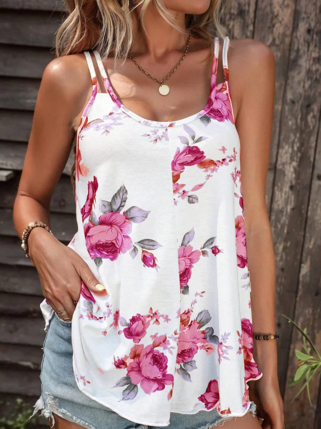 Red Shoulder Straps Sleeveless Floral Polyester Top